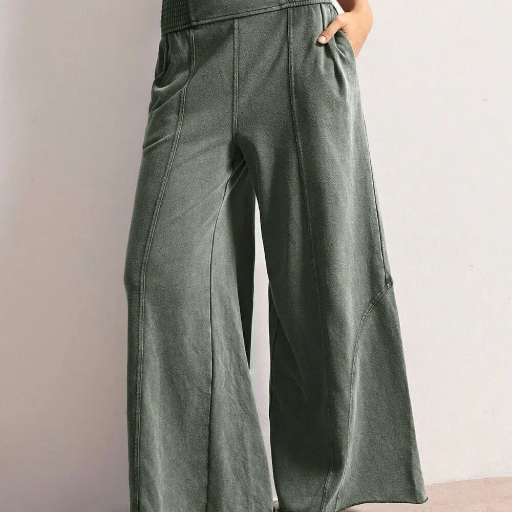 Army Green Casual Women's Loose Wide Leg Smocked Waist Pants - Picture 1 of 9